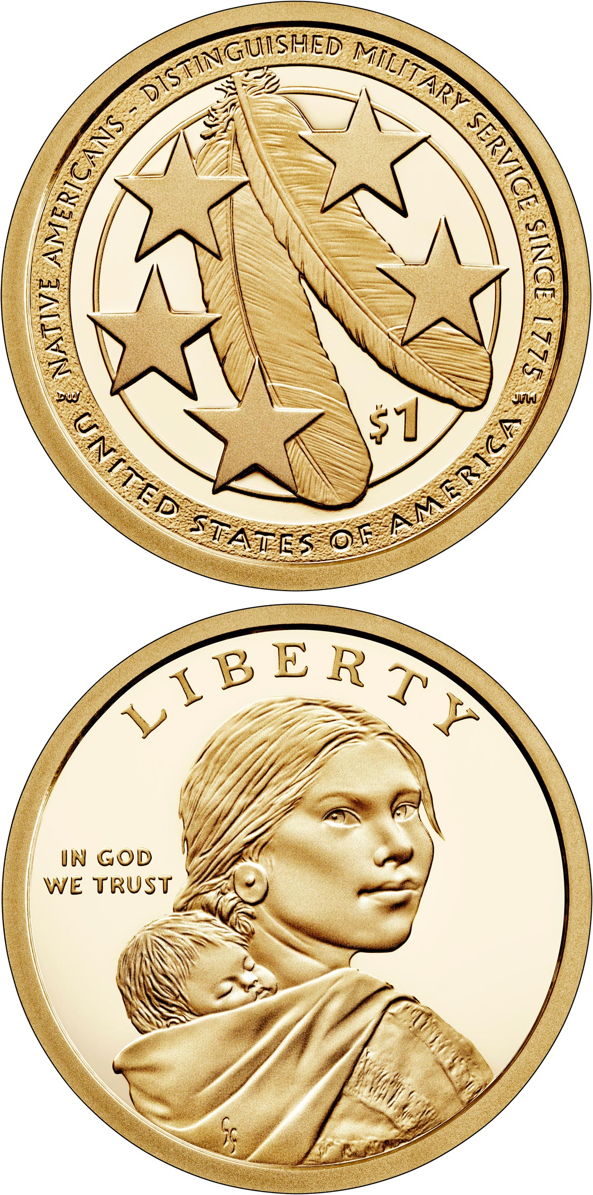 Image of 1 dollar coin - American Indians in the U.S. Military | USA 2021.  The Nordic gold (CuZnAl) coin is of Proof, UNC quality.