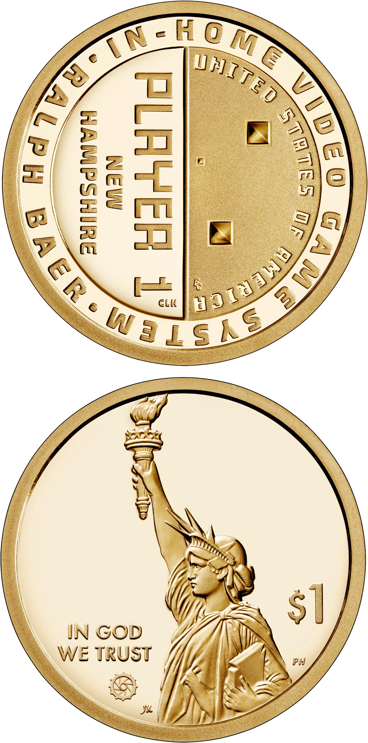 Image of 1 dollar coin - New Hampshire - Ralph Baer, the Father of Video Games | USA 2021.  The Nordic gold (CuZnAl) coin is of Proof, BU, UNC quality.