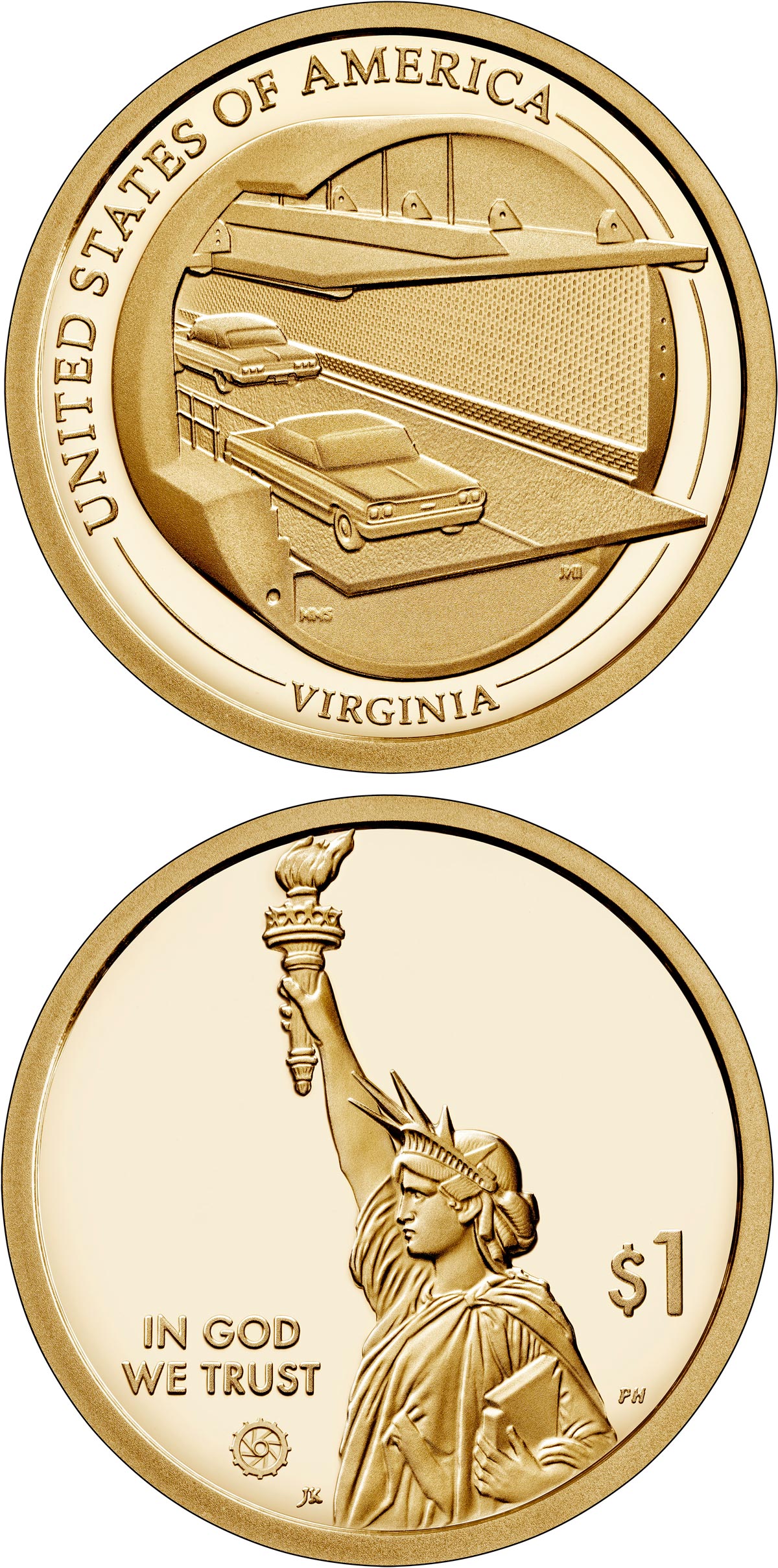 Image of 1 dollar coin - Virginia - The Chesapeake Bay Bridge-Tunnel | USA 2021.  The Nordic gold (CuZnAl) coin is of Proof, BU, UNC quality.