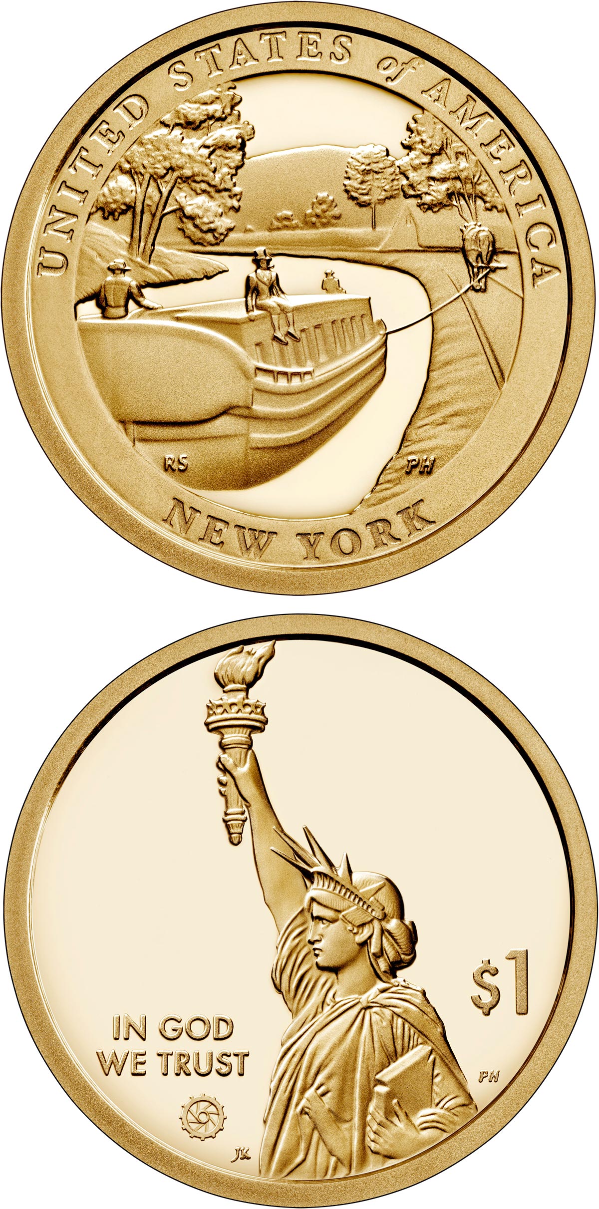 Image of 1 dollar coin - New York - The Erie Canal | USA 2021.  The Nordic gold (CuZnAl) coin is of Proof, BU, UNC quality.