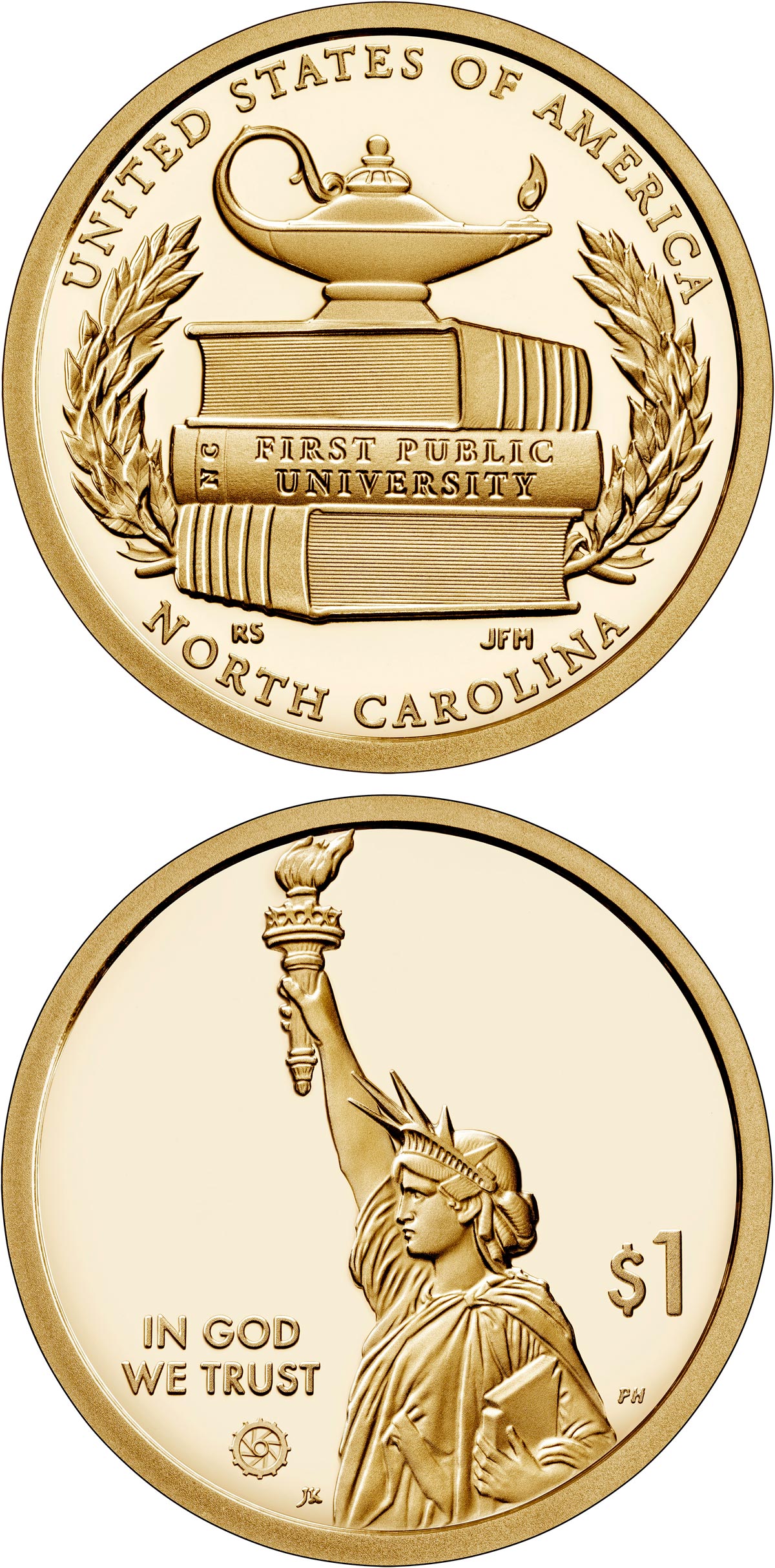 Image of 1 dollar coin - North Carolina - The first public institution of higher learning in the United States | USA 2021.  The Nordic gold (CuZnAl) coin is of Proof, BU, UNC quality.