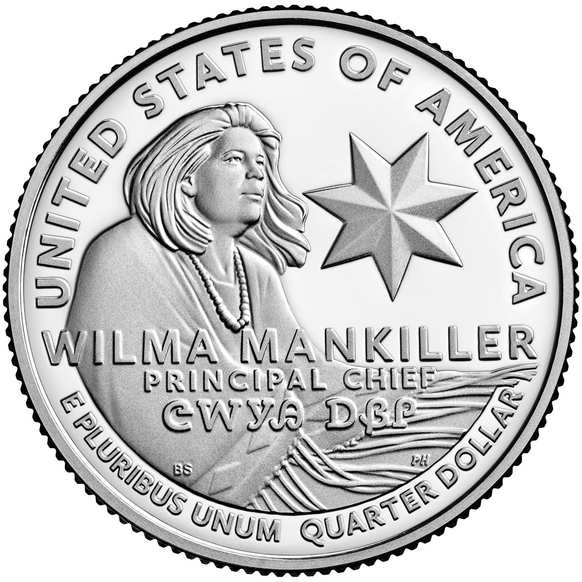 Image of 25 cents coin - Wilma Mankiller | USA 2022.  The Copper–Nickel (CuNi) coin is of Proof, BU, UNC quality.