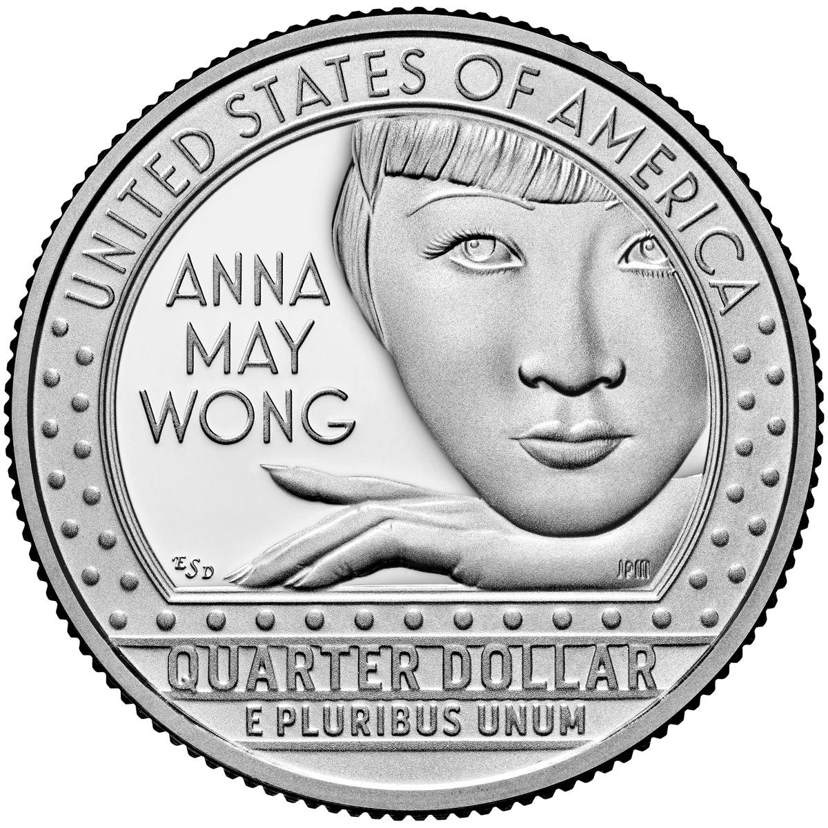 Image of 25 cents coin - Anna May Wong | USA 2022.  The Copper–Nickel (CuNi) coin is of Proof, BU, UNC quality.