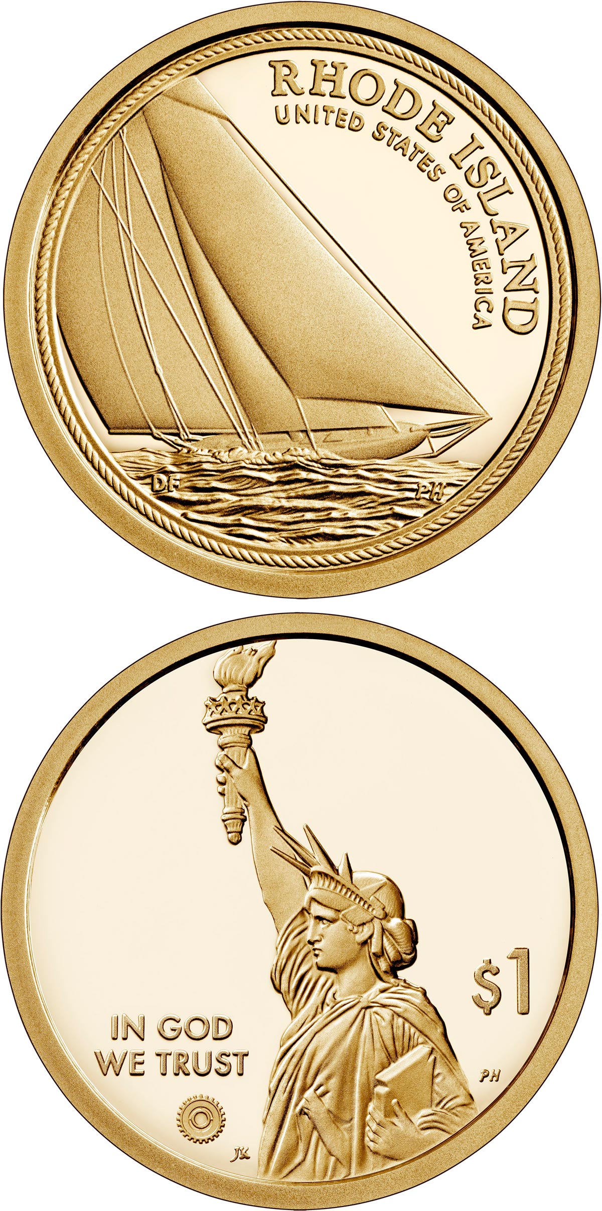 Image of 1 dollar coin - Rhode Island - Sailing heritage | USA 2022.  The Nordic gold (CuZnAl) coin is of Proof, BU, UNC quality.