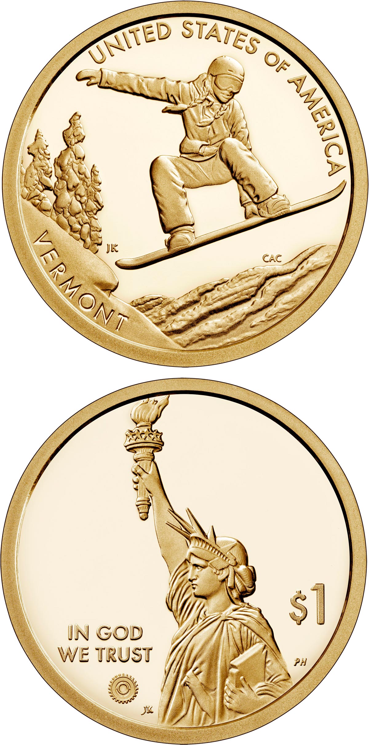 Image of 1 dollar coin - Vermont - Snowboarding | USA 2022.  The Nordic gold (CuZnAl) coin is of Proof, BU, UNC quality.