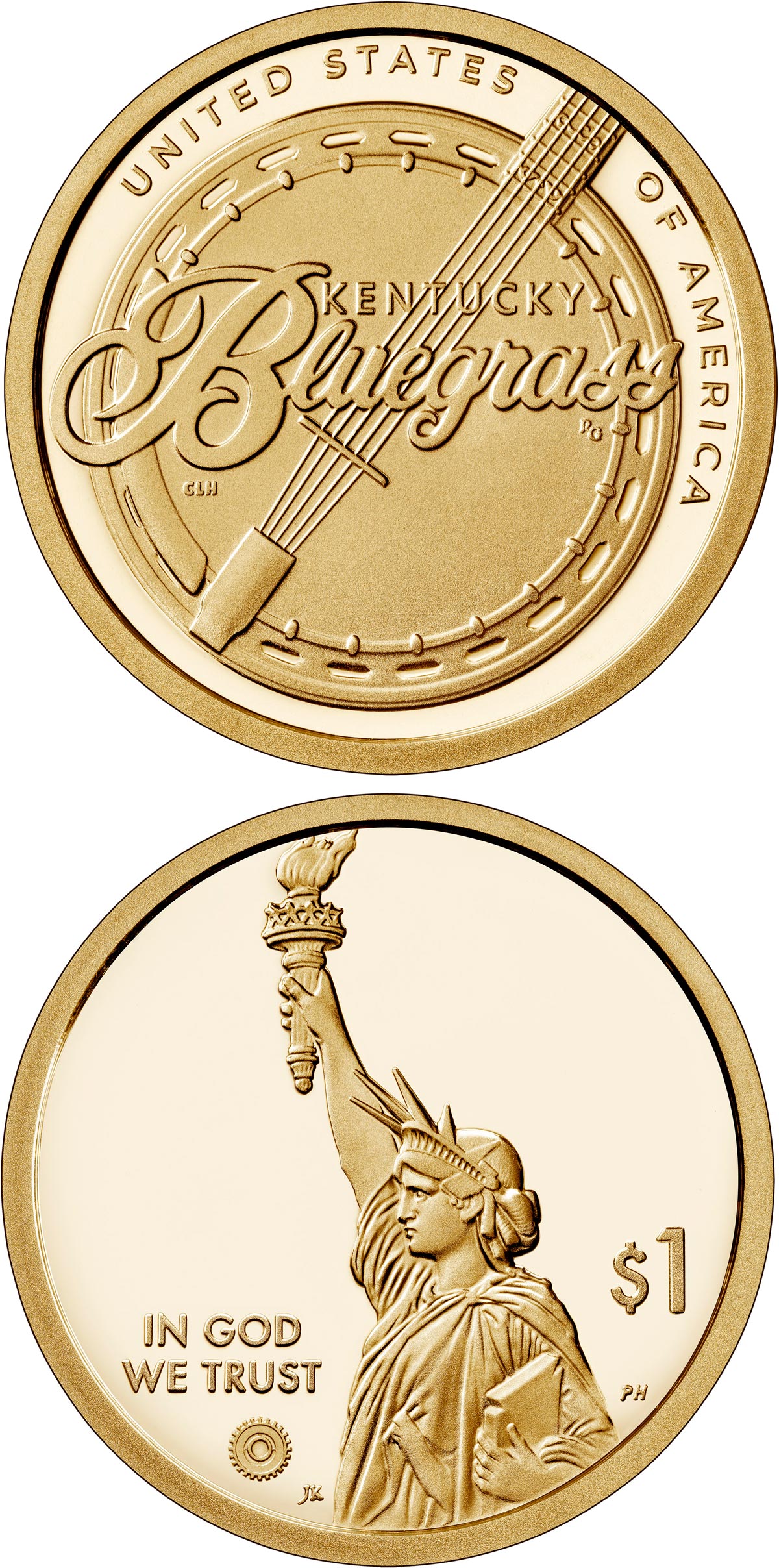 Image of 1 dollar coin - Kentucky - Bluegrass music | USA 2022.  The Nordic gold (CuZnAl) coin is of Proof, BU, UNC quality.