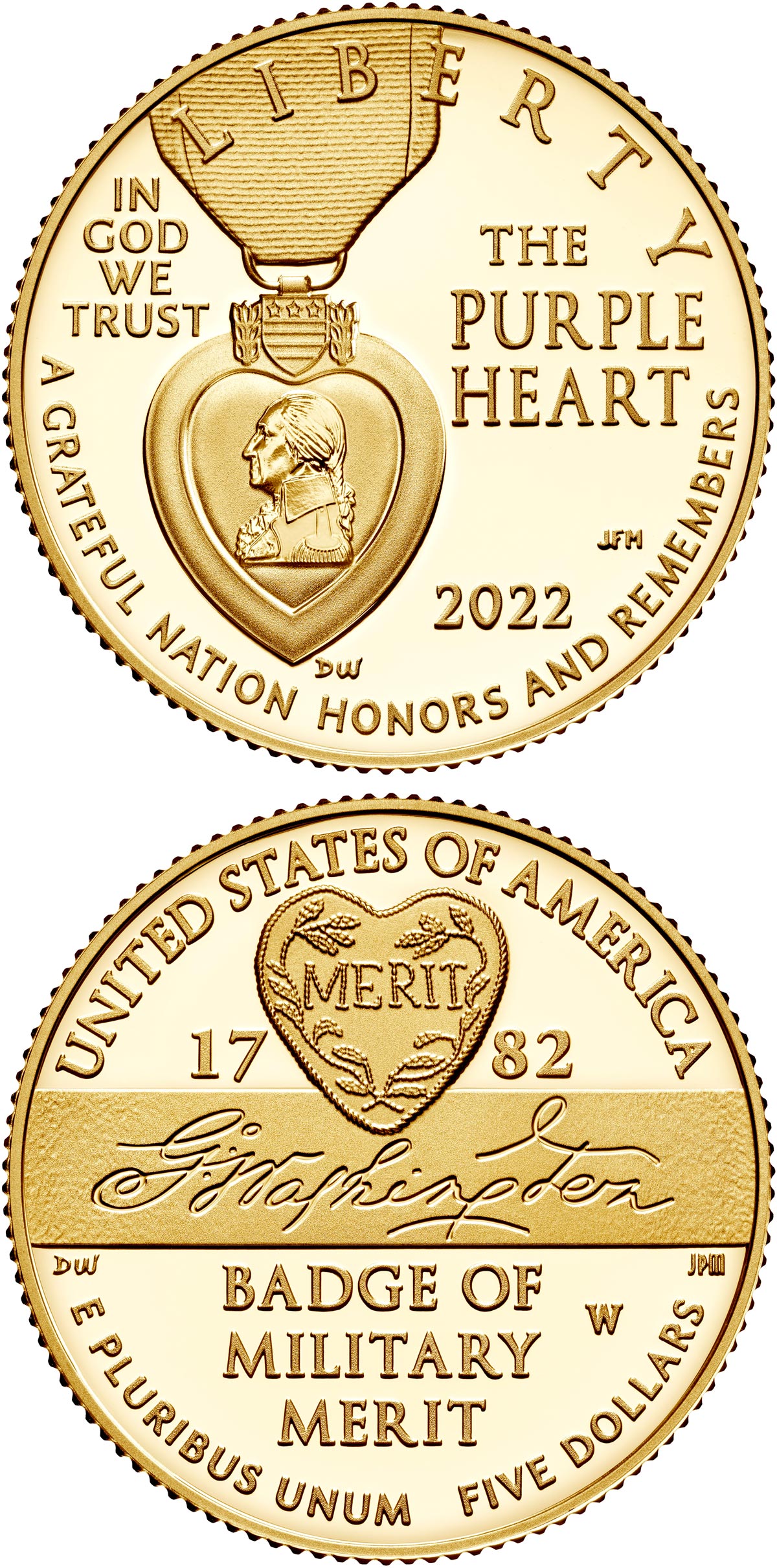 Image of 5 dollars coin - Purple Heart Hall of Honor | USA 2022.  The Gold coin is of Proof, BU quality.