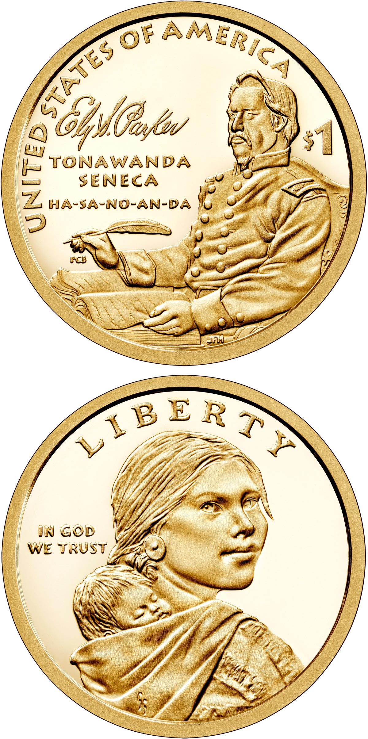Image of 1 dollar coin - Ely S. Parker | USA 2022.  The Nordic gold (CuZnAl) coin is of Proof, UNC quality.
