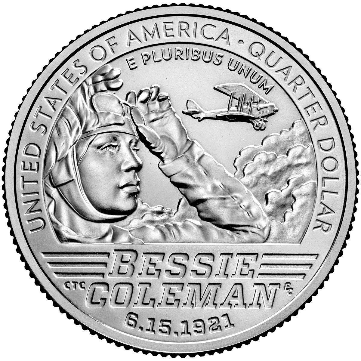Image of 25 cents coin - Bessie Coleman | USA 2023.  The Copper–Nickel (CuNi) coin is of Proof, BU, UNC quality.