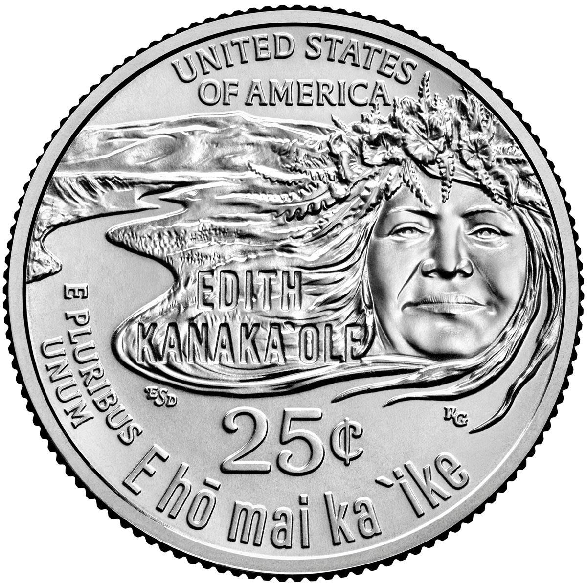 Image of 25 cents coin - Edith Kanakaʻole | USA 2023.  The Copper–Nickel (CuNi) coin is of Proof, BU, UNC quality.