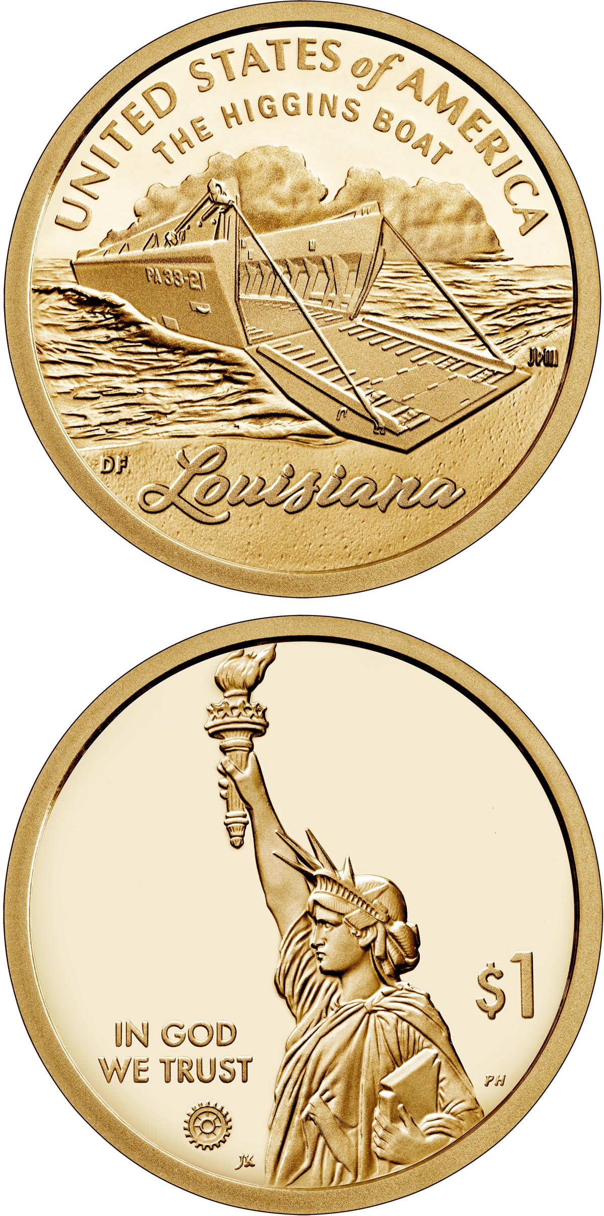 Image of 1 dollar coin - Louisiana | USA 2023.  The Nordic gold (CuZnAl) coin is of Proof, BU, UNC quality.