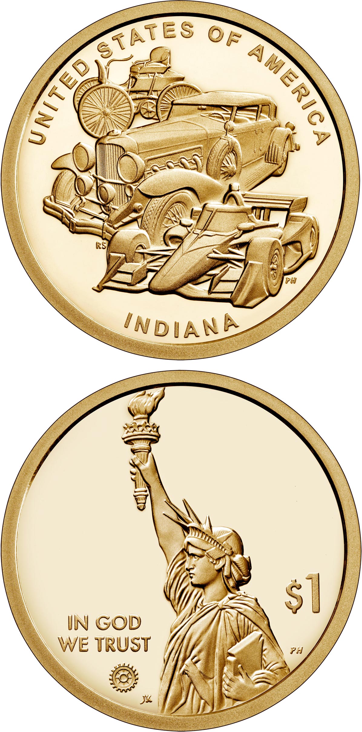 Image of 1 dollar coin - Indiana | USA 2023.  The Nordic gold (CuZnAl) coin is of Proof, BU, UNC quality.