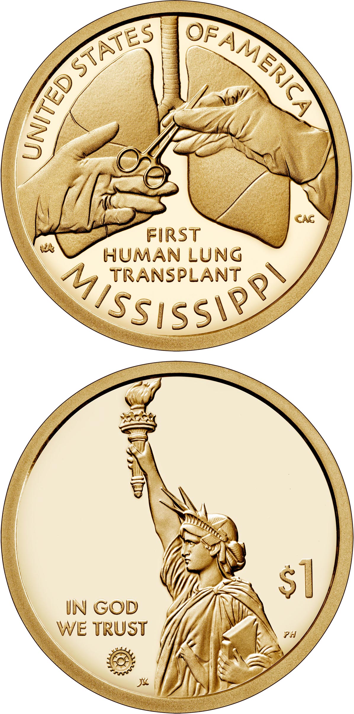 Image of 1 dollar coin - Mississippi | USA 2023.  The Nordic gold (CuZnAl) coin is of Proof, BU, UNC quality.