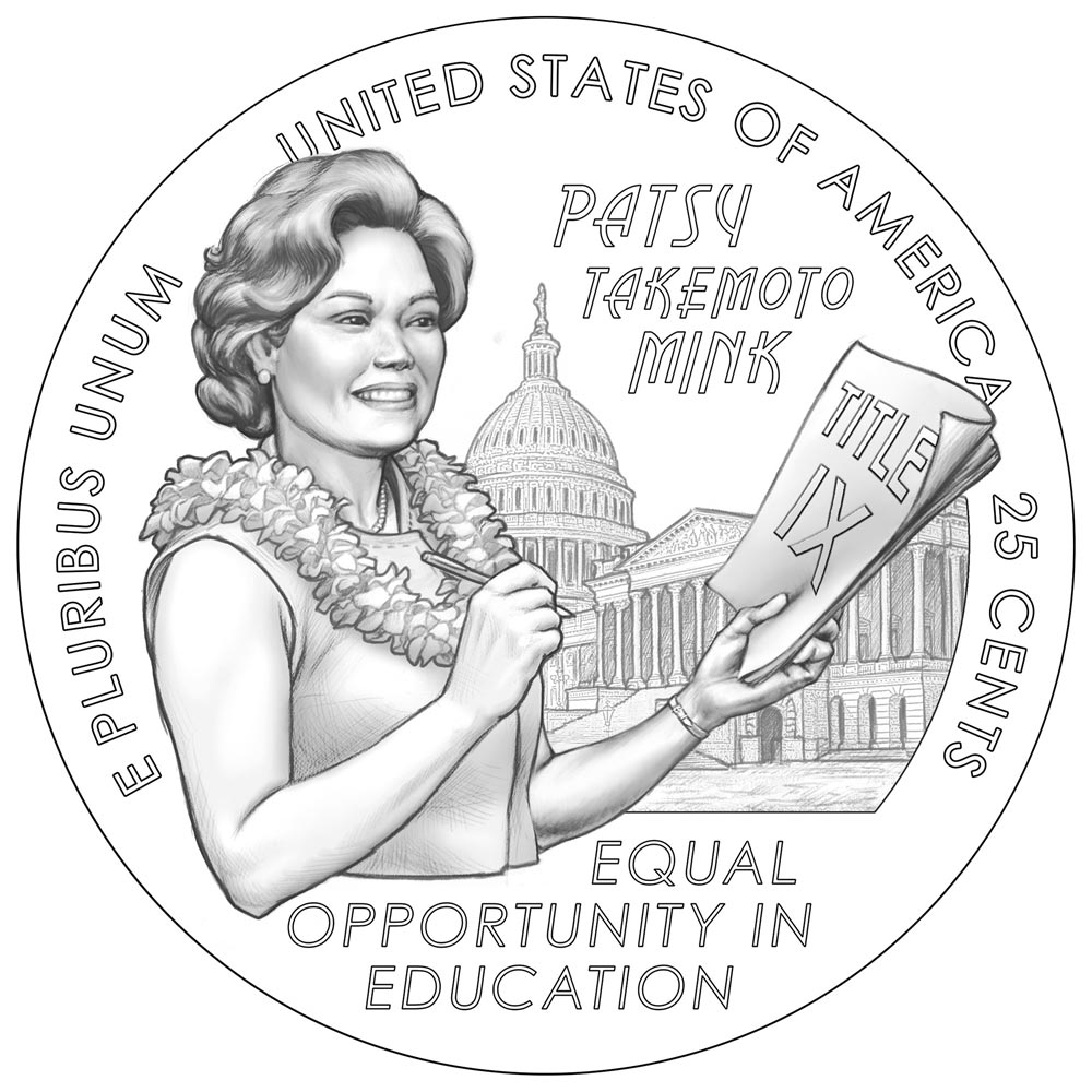 Image of 25 cents coin - The Honorable Patsy Takemoto Mink | USA 2024.  The Copper–Nickel (CuNi) coin is of Proof, BU, UNC quality.