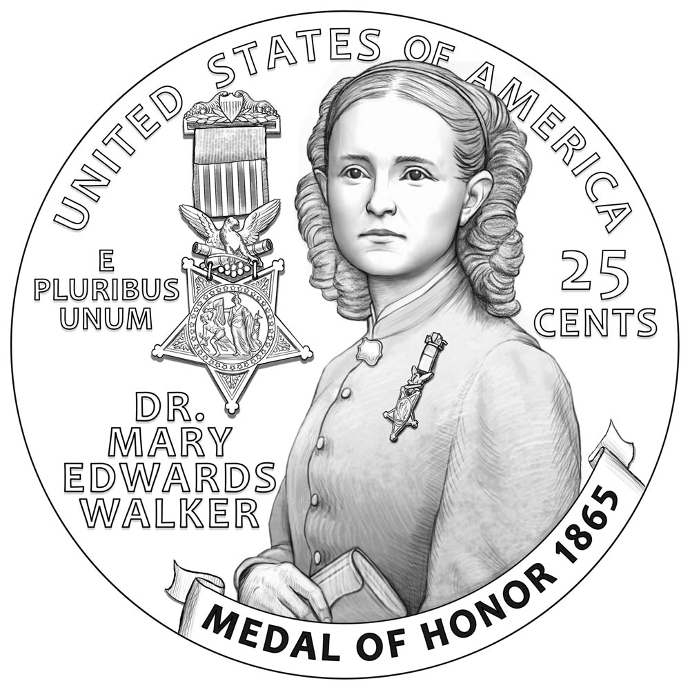 Image of 25 cents coin - Dr. Mary Edwards Walker | USA 2024.  The Copper–Nickel (CuNi) coin is of Proof, BU, UNC quality.