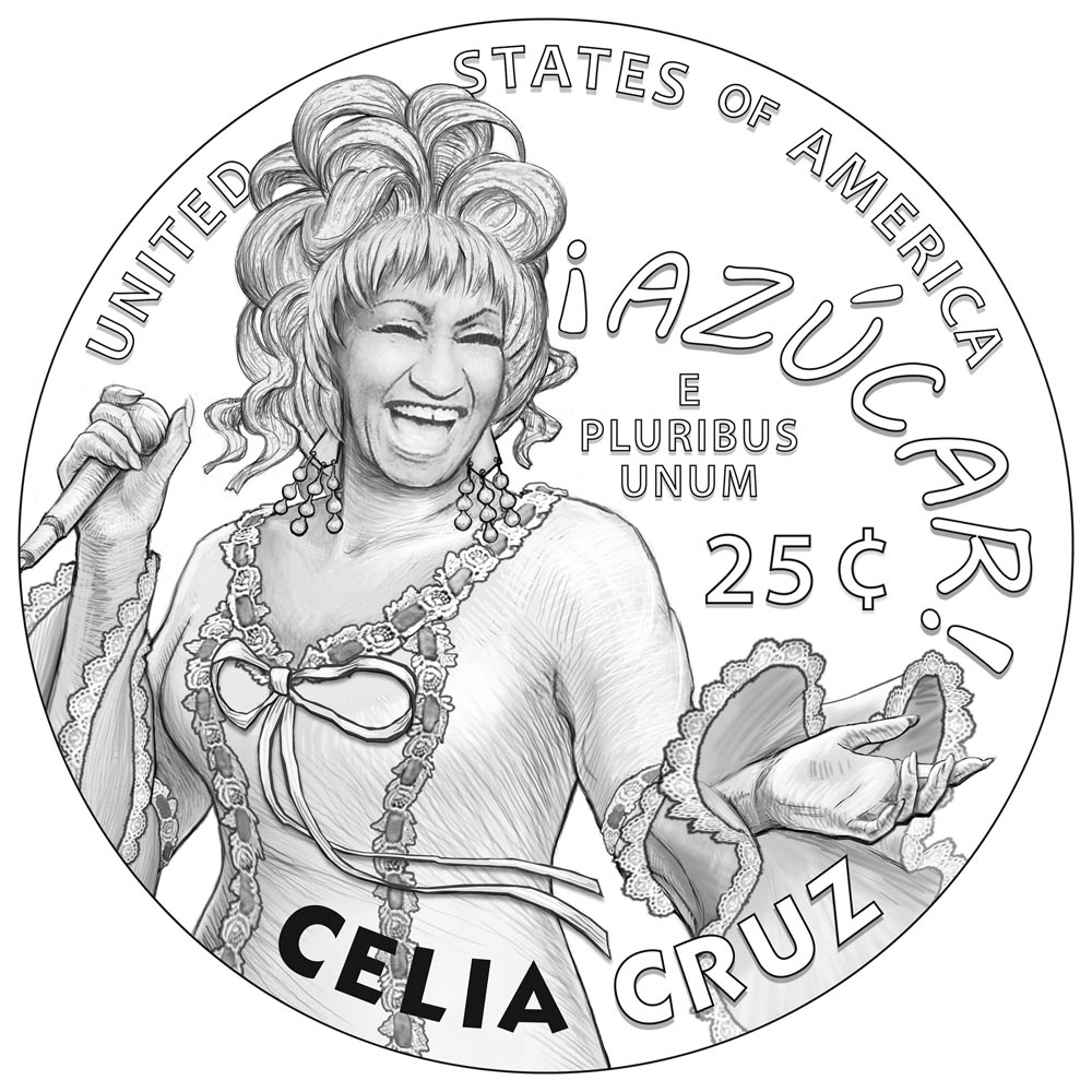 Image of 25 cents coin - Celia Cruz | USA 2024.  The Copper–Nickel (CuNi) coin is of Proof, BU, UNC quality.
