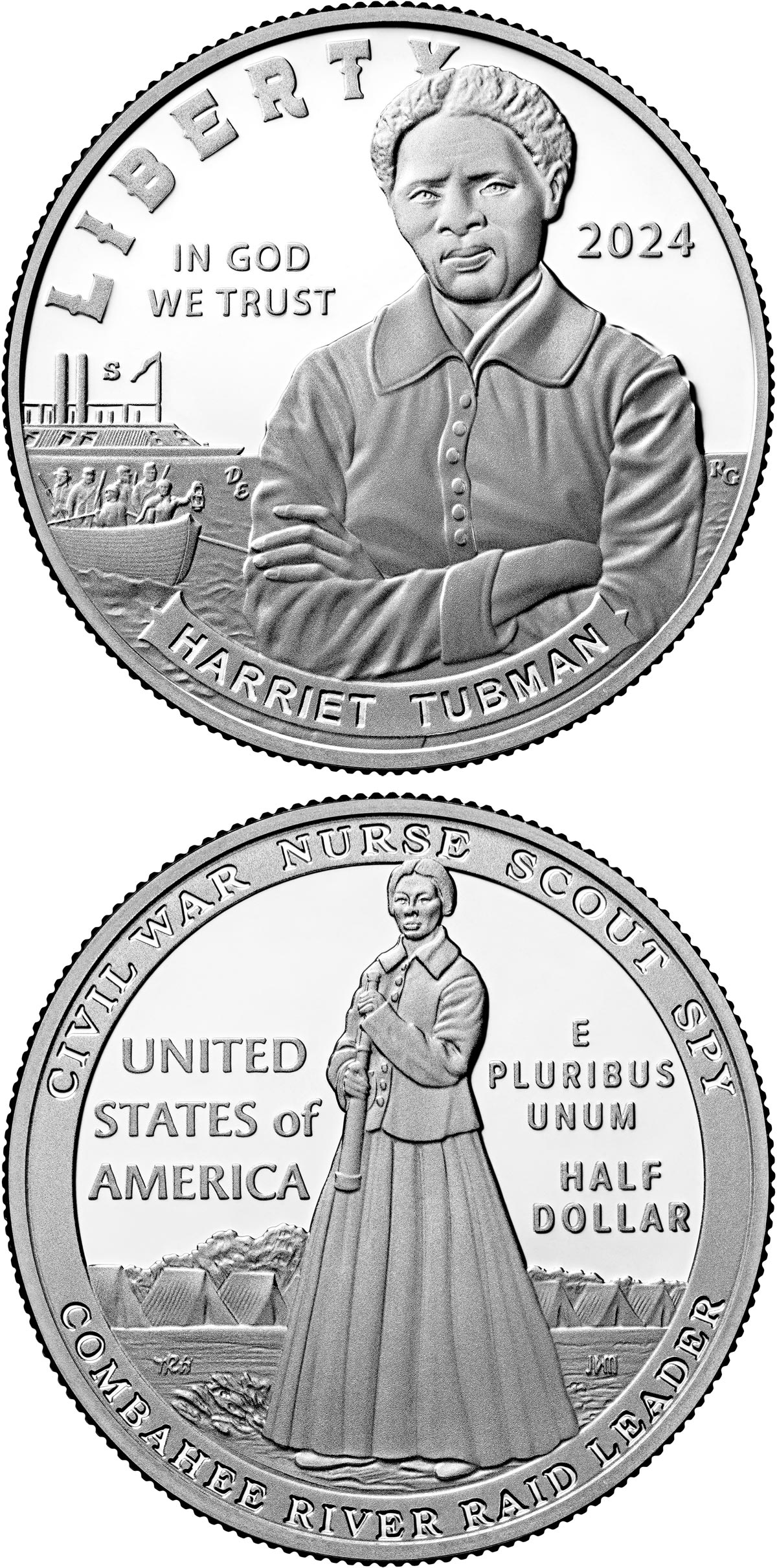 Image of 0.5 dollar coin - Harriet Tubman Bicentennial | USA 2024.  The Copper–Nickel (CuNi) coin is of Proof, BU quality.