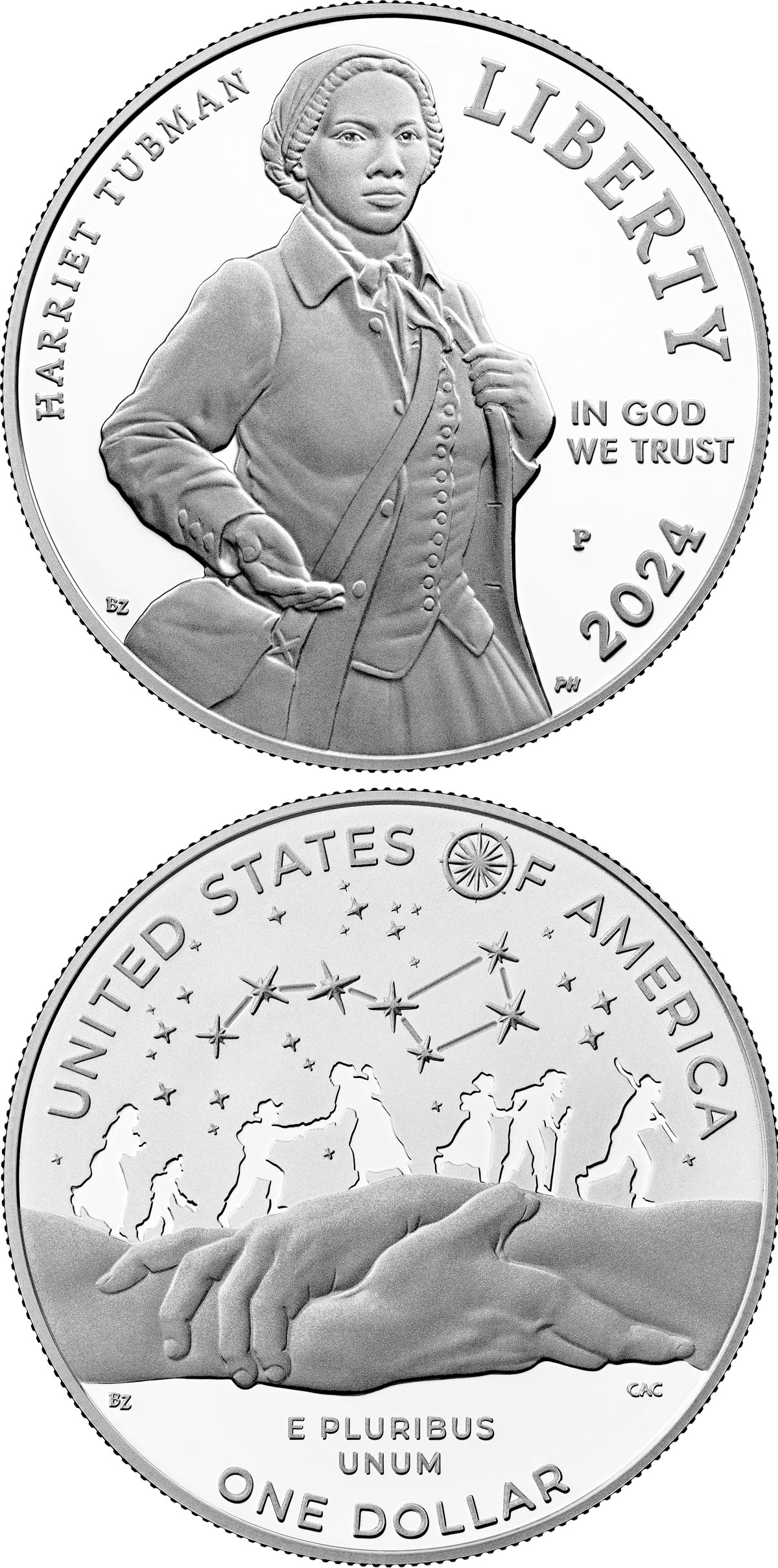 Image of 1 dollar coin - Harriet Tubman Bicentennial | USA 2024.  The Silver coin is of Proof, BU quality.