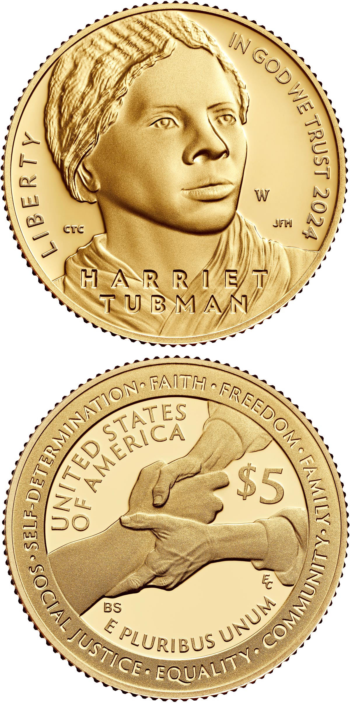 Image of 5 dollars coin - Harriet Tubman Bicentennial | USA 2024.  The Gold coin is of Proof, BU quality.