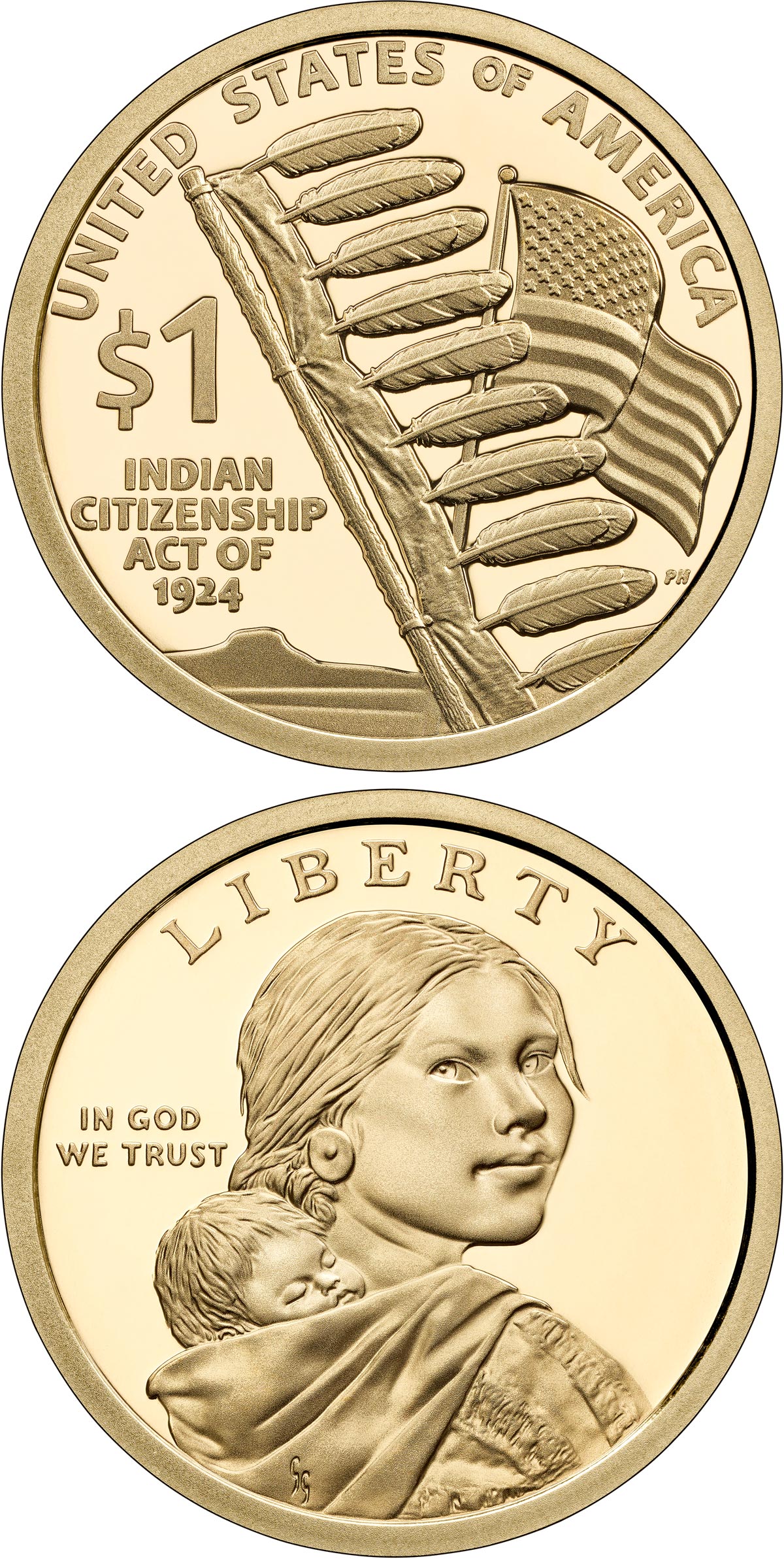Image of 1 dollar coin - Indian Citizenship Act of 1924 | USA 2024.  The Nordic gold (CuZnAl) coin is of Proof, UNC quality.