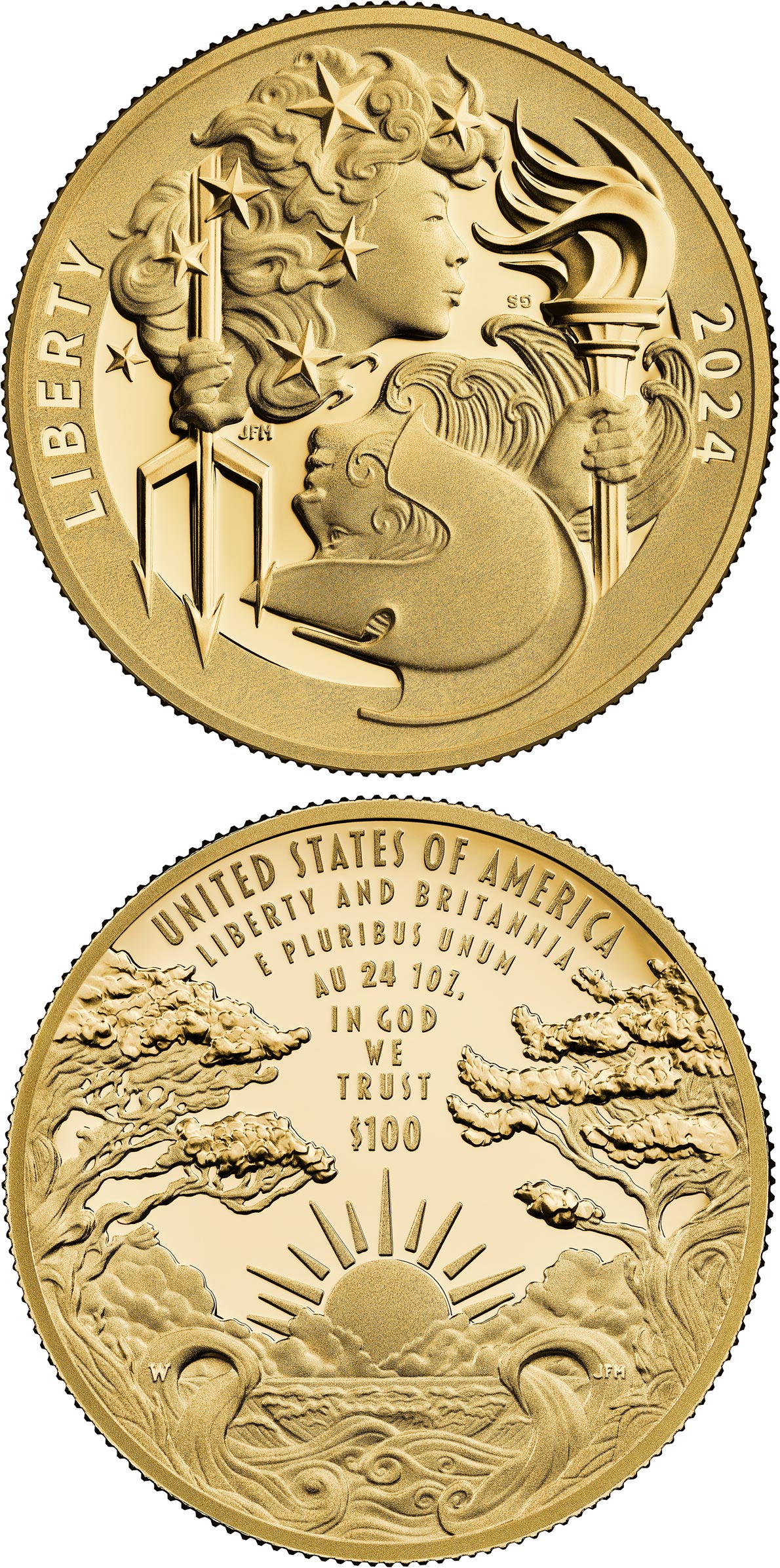 Image of 100 dollars coin - Liberty and Britannia | USA 2024.  The Gold coin is of Proof quality.