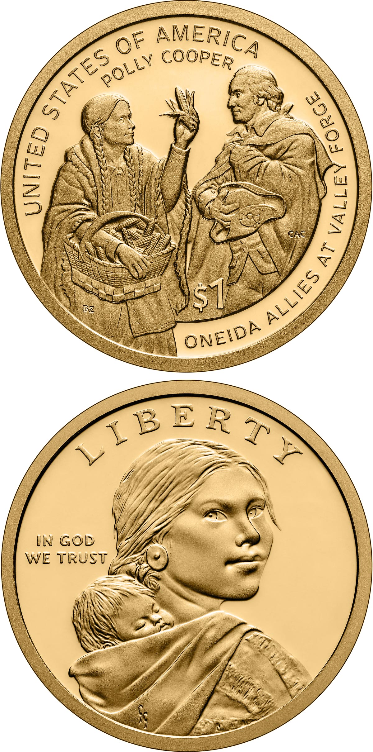 Image of 1 dollar coin - Polly Cooper | USA 2026.  The Nordic gold (CuZnAl) coin is of Proof, UNC quality.