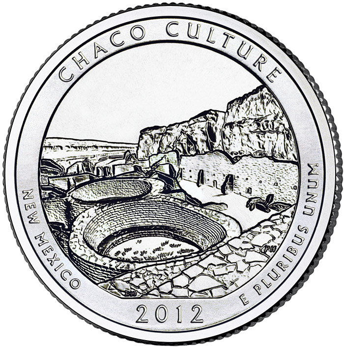 Image of 25 cents coin - Chaco Culture National Historical Park – New Mexico | USA 2012.  The Copper–Nickel (CuNi) coin is of Proof, BU, UNC quality.