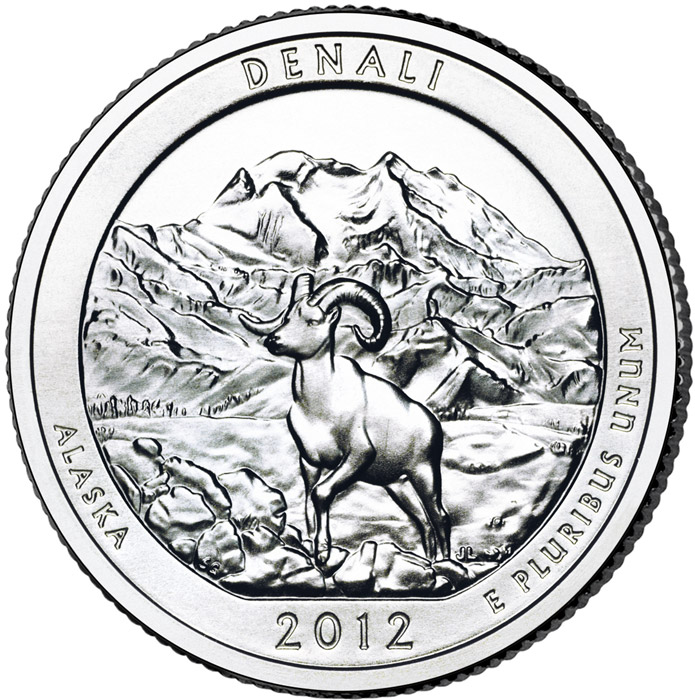Image of 25 cents coin - Denali National Park  – Alaska | USA 2012.  The Copper–Nickel (CuNi) coin is of Proof, BU, UNC quality.