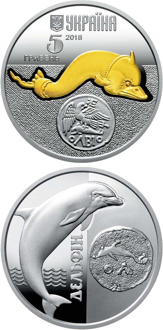 Image of 5 hryvnia  coin - The Dolphin | Ukraine 2018.  The Silver coin is of BU quality.
