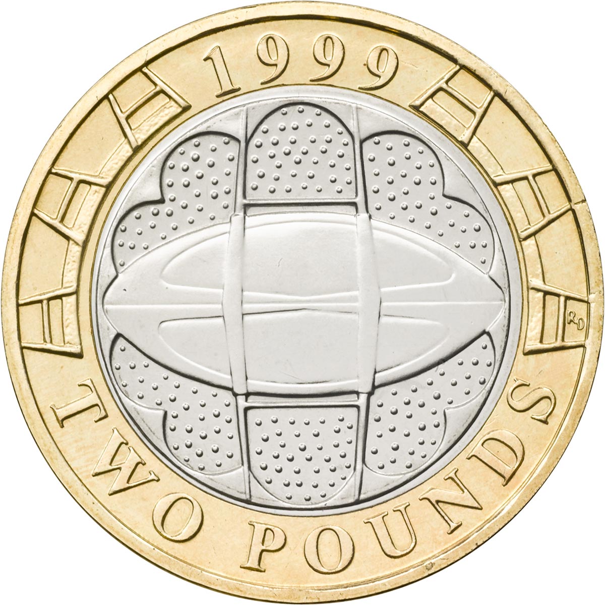 Image of 2 pounds coin - Rugby World Cup | United Kingdom 1999.  The Bimetal: CuNi, nordic gold coin is of Proof, BU, UNC quality.