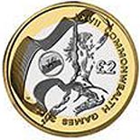 Image of 2 pounds coin - Commonwealth Games, Manchester (Welsh issue) | United Kingdom 2002.  The Bimetal: CuNi, nordic gold coin is of Proof, BU, UNC quality.