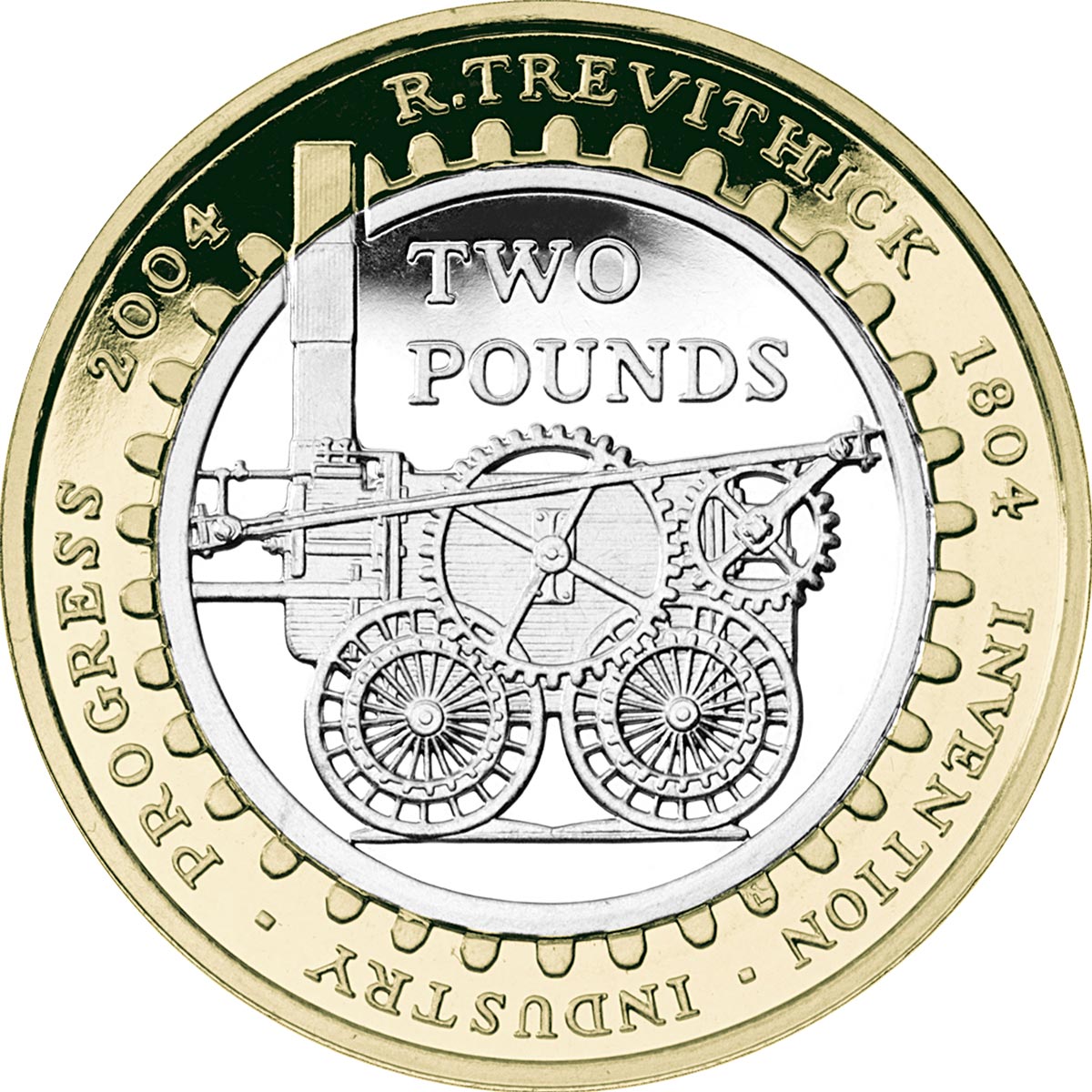 Image of 2 pounds coin - Bicentenary of the first railway locomotive | United Kingdom 2004.  The Bimetal: CuNi, nordic gold coin is of Proof, BU, UNC quality.