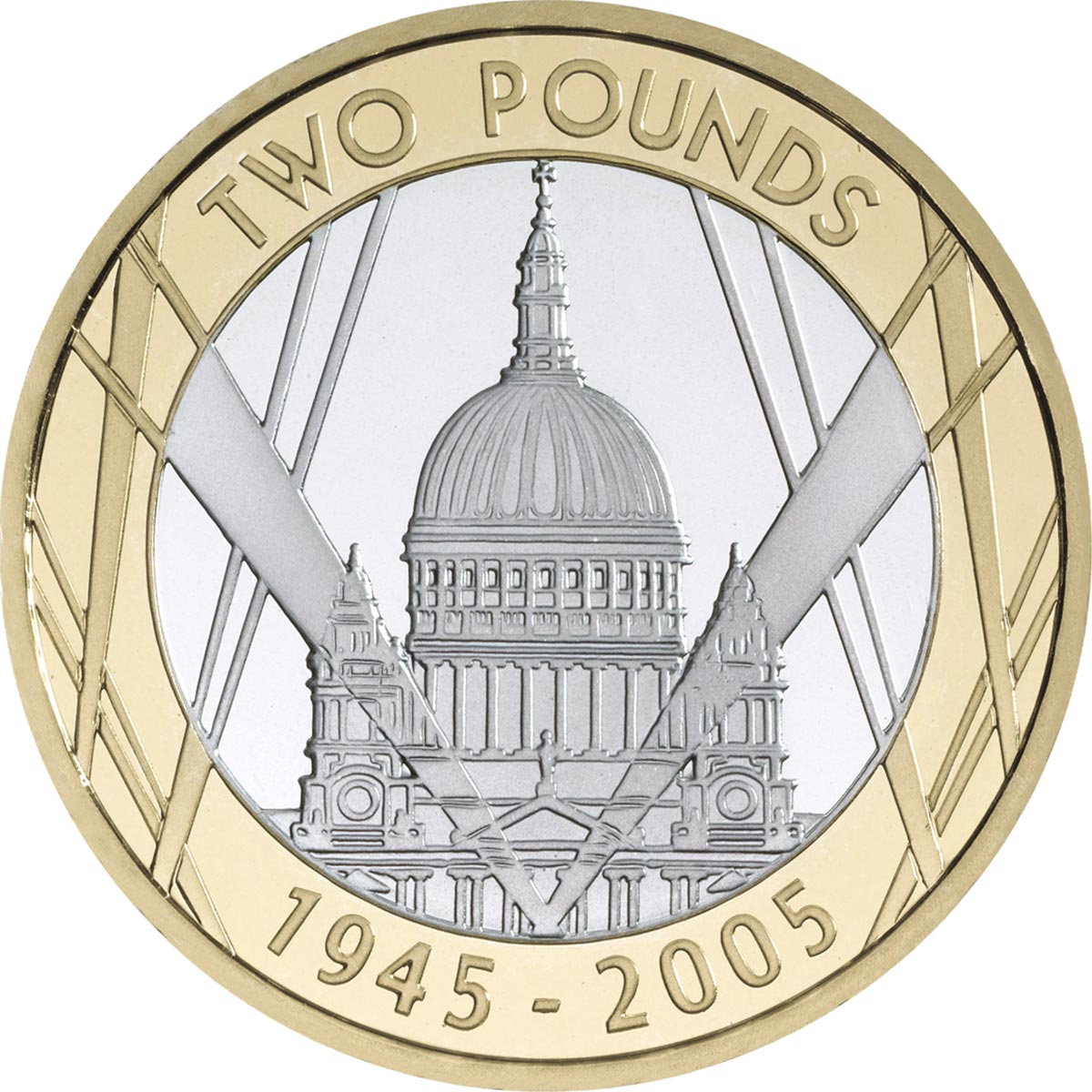 Image of 2 pounds coin - 60th anniversary of the end of the Second World War | United Kingdom 2005.  The Bimetal: CuNi, nordic gold coin is of Proof, BU, UNC quality.