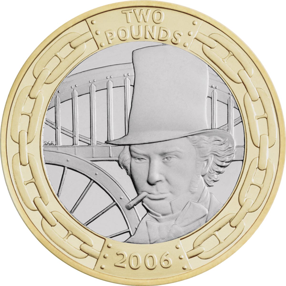 Image of 2 pounds coin - Bicentenary of the birth of Isambard Kingdom Brunel | United Kingdom 2006.  The Bimetal: CuNi, nordic gold coin is of Proof, BU, UNC quality.