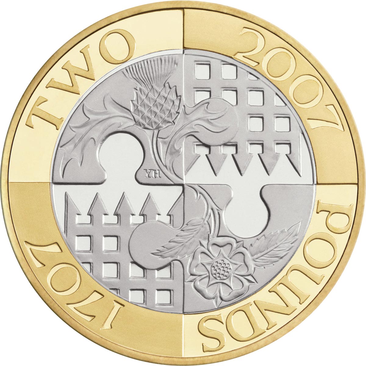 Image of 2 pounds coin - Tercentenary of the Acts of Union 1707 | United Kingdom 2007.  The Bimetal: CuNi, nordic gold coin is of Proof, BU, UNC quality.