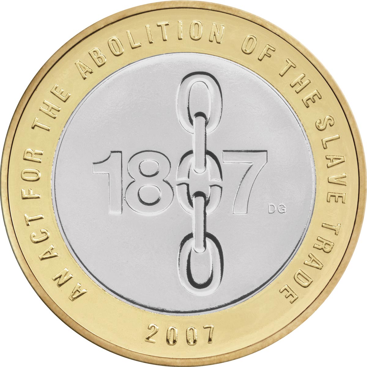 Image of 2 pounds coin - Bicentenary of the abolition of the slave trade in the British Empire | United Kingdom 2007.  The Bimetal: CuNi, nordic gold coin is of Proof, BU, UNC quality.