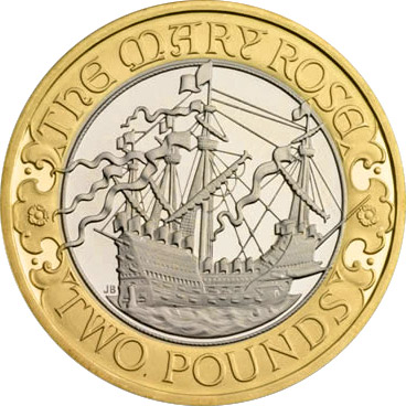 Image of 2 pounds coin - 500 years since the maiden voyage of Mary Rose  | United Kingdom 2011.  The Bimetal: CuNi, nordic gold coin is of Proof, BU, UNC quality.