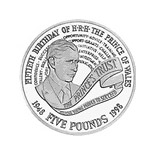 Image of 5 pounds coin - The Prince of Wales's 50th birthday | United Kingdom 1998.  The Copper–Nickel (CuNi) coin is of BU quality.