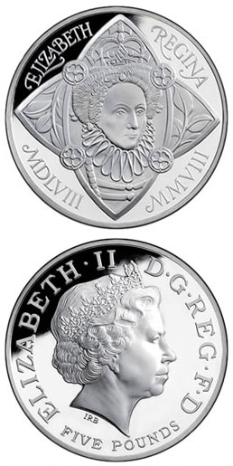Image of 5 pounds coin - The 450th anniversary of the accession of Elizabeth I | United Kingdom 2008.  The Copper–Nickel (CuNi) coin is of BU quality.