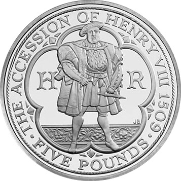 Image of 5 pounds coin - The 500th anniversary of the accession of Henry VIII | United Kingdom 2009.  The Copper–Nickel (CuNi) coin is of BU quality.