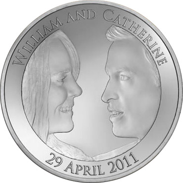 Image of 5 pounds coin - Prince William and Kate Middleton Royal Engagement | United Kingdom 2011.  The Copper–Nickel (CuNi) coin is of BU quality.