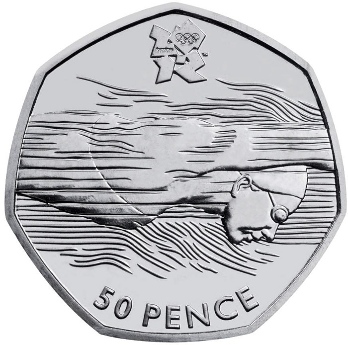 Image of 50 pence coin - Aquatics | United Kingdom 2011.  The Silver coin is of BU, UNC quality.