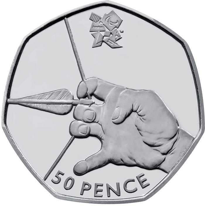 Image of 50 pence coin - Archery | United Kingdom 2011.  The Silver coin is of BU, UNC quality.