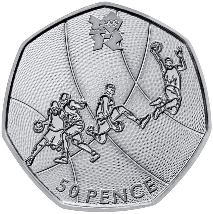 Image of 50 pence coin - Basketball | United Kingdom 2011.  The Silver coin is of BU, UNC quality.