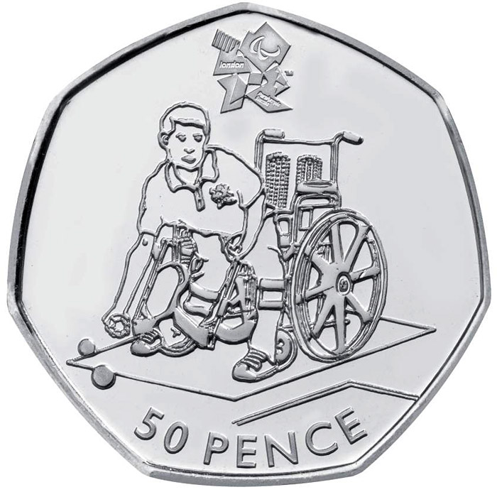 Image of 50 pence coin - Boccia | United Kingdom 2011.  The Silver coin is of BU, UNC quality.