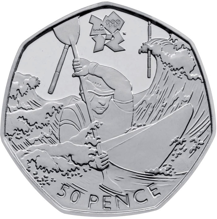 Image of 50 pence coin - Canoeing | United Kingdom 2011.  The Silver coin is of BU, UNC quality.