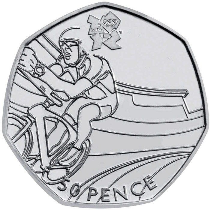 Image of 50 pence coin - Cycling | United Kingdom 2011.  The Silver coin is of BU, UNC quality.
