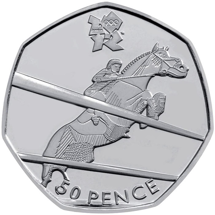 Image of 50 pence coin - Equestrian | United Kingdom 2011.  The Silver coin is of BU, UNC quality.