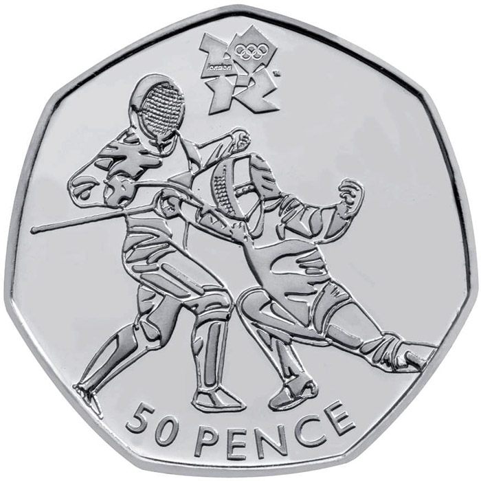 Image of 50 pence coin - Fencing | United Kingdom 2011.  The Silver coin is of BU, UNC quality.