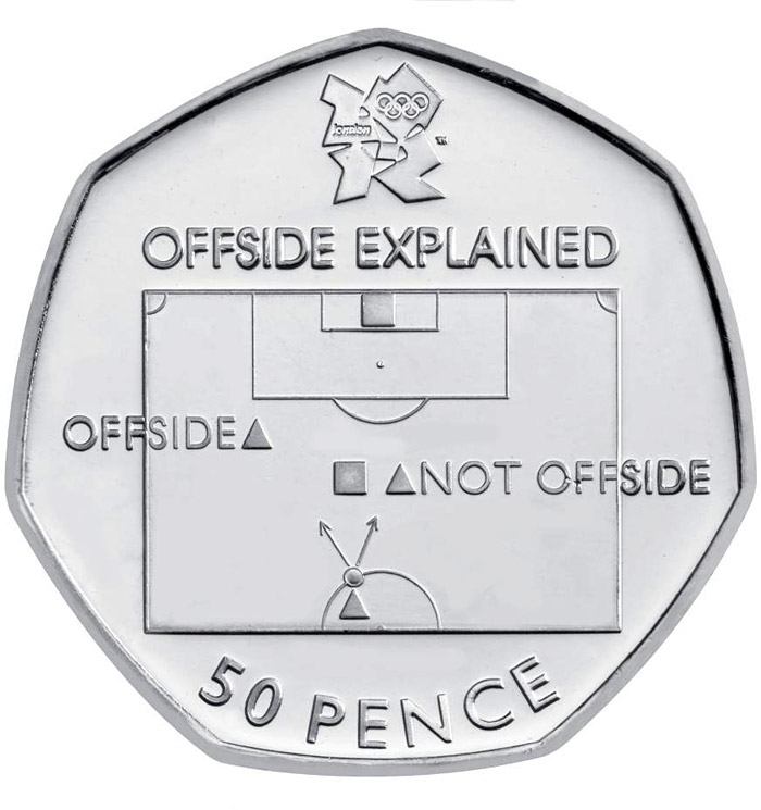 Image of 50 pence coin - Football | United Kingdom 2011.  The Silver coin is of BU, UNC quality.